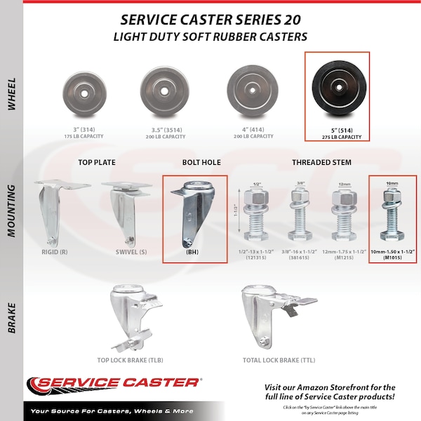 Service Caster 5 Inch Soft Rubber Wheel Swivel 10mm Threaded Stem Caster Set SCC-TS20S514-SRS-M1015-4 - main